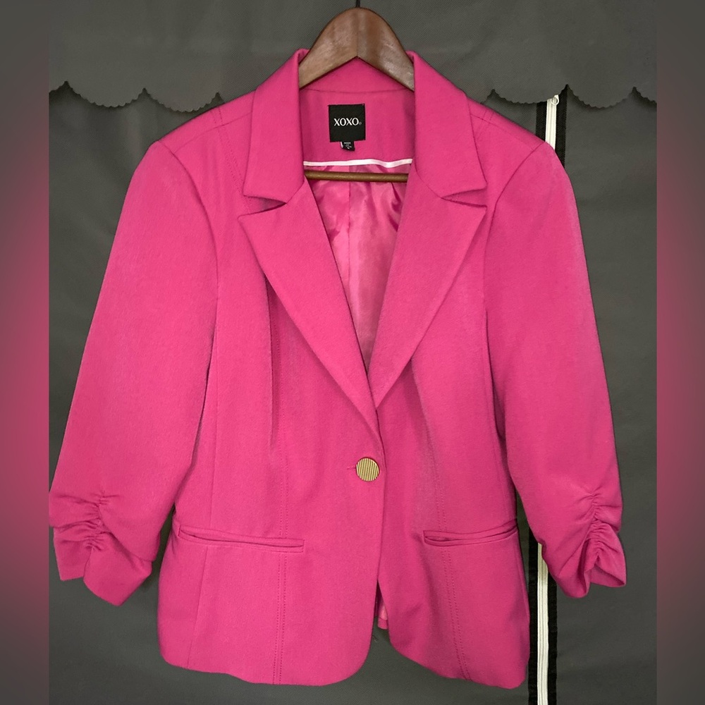 XOXO Hot Pink Single-Button Blazer with Ruched Sleeves